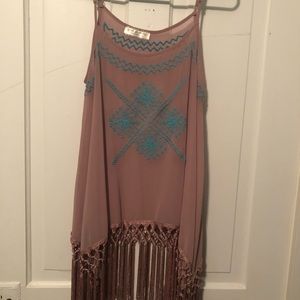 Spaghetti Strap Tank with Turquoise Embroidery